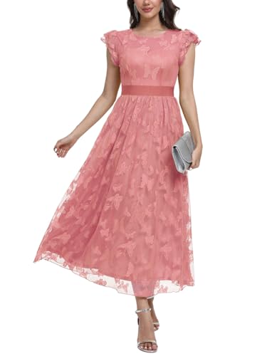 DEARMSROSE Women's Casual Tulle Midi Dress Ruffle Sleeve Crewneck Lace Flowy Dresses Party Wedding Guest Sundress(Medium,Rose Pink)