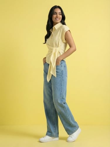 Image of Wrap Style Striped Women Cotton Shirt Drop Shoulder Casual Wear