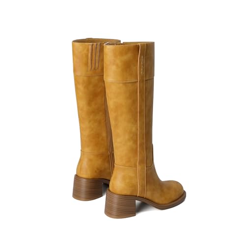 Image of Reitoye Knee High Boots Women Round Toe Chunky Block Heeled Boots Side Zipper Tall Gogo Boots Shoes
