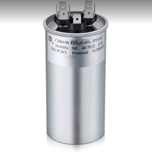 45 + 5 uf mfd 370 Volt Round Air Conditioner Capacitor Motor Replacement for Tempstar Model # n2h330akb200, Gsc130481cc Capacitor, 24DB400B370PA, Model LR79596 5% 350/370v 50/60Hz