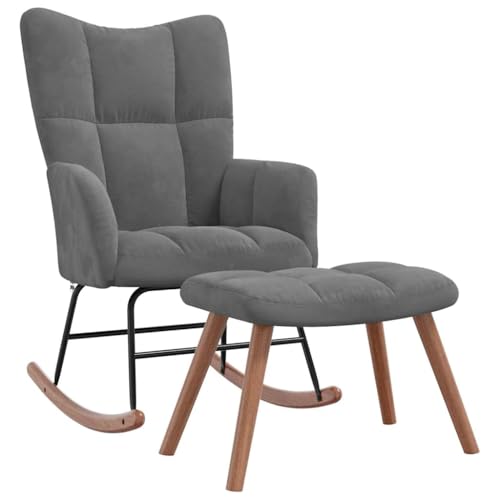 vidaXL Schaukelstuhl mit Hocker, Sessel Schwingstuhl mit Armlehne, Schaukelsessel Relaxstuhl Wohnzimmer, Relaxsessel Schwingsessel, Dunkelgrau Samt