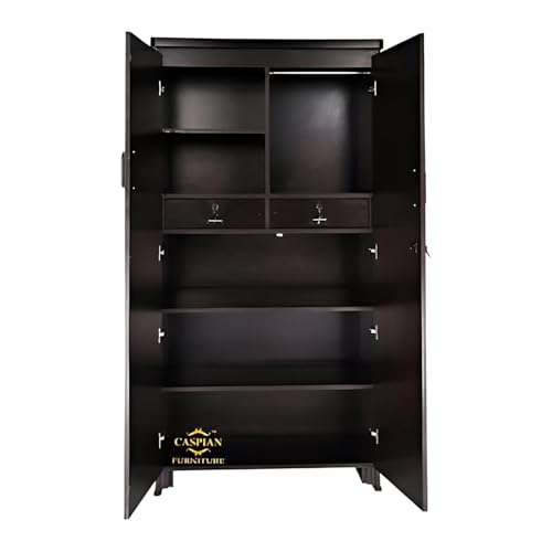 Image of CASPIAN 2-Door Wardrobe (17mm Thick Wood) Coffee Black | Pre-Assembled Almirah with Mirror, Hanging Space, 4 Shelves, 2 Drawers & Secure Locker | Durable Engineered Wood Clothes Storage Cupboard.