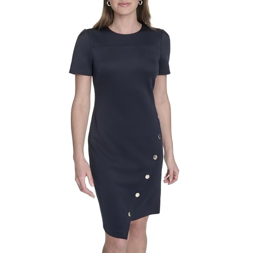 Image of Tommy Hilfiger Women's Short Sleeve Jewel Neck Colorblock Studded Asymmetrical Hem Crepe Mini Dress