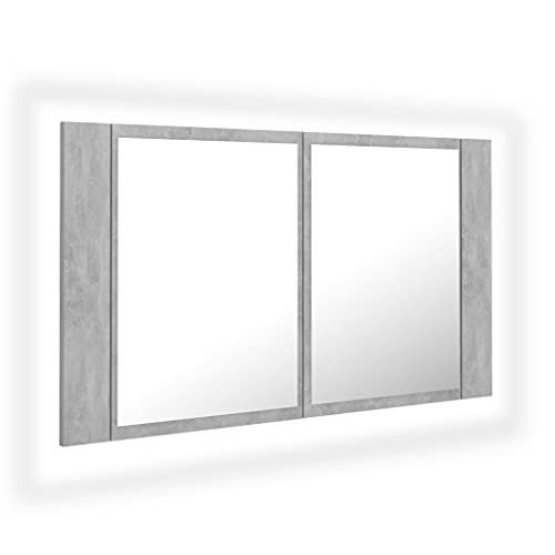vidaXL Armario Espejo de Baño con Luz LED Acrílico Aseo Muebles Mobiliario Almacenamiento Estante Decoración Adorno Cemento Gris 80x12x45 cm