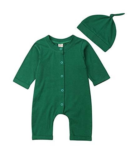 Toddler Baby Boys Girls Snap-Front One-Piece Coverall with Cap Set Elegant Romper Jumpsuit, Footless, Long Sleeve (Green, 12-18 Months)