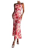GORGLITTER Women's Floral Dress Ruched Strapless Bodycon Maxi Dresses Pink Medium