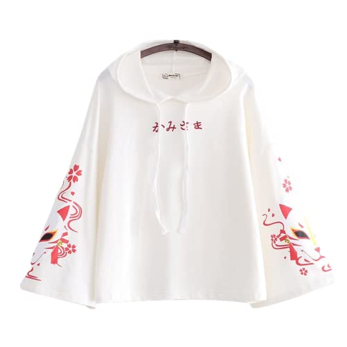 Aobiono Damen Fox Kawaii Hoodie Anime Cute Aesthetic Japanese Kitsune Harajuku Hooded Sweatshirt Cartoon Long Sleeve Top, Weiss/opulenter Garten, Einheitsgröße
