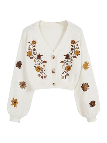 Women's Floral Boho Cardigan Sweater Cottagecore Cropped Cardigan Western Embroidery Button Down Sweates Knit Top