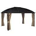 Outsunny 10' x 14' Hardtop Gazebo Canopy with Galvanized Steel Roof, Aluminum Outdoor Pavilion Gazebo with Top Hook, Netting, and Curtains for Patio, Garden, Backyard, Deck, Brown
