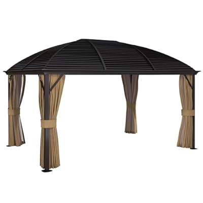 Outsunny 10' x 14' Hardtop Gazebo Canopy with Galvanized Steel Roof, Aluminum Outdoor Pavilion Gazebo with Top Hook, Netting, and Curtains for Patio, Garden, Backyard, Deck, Brown