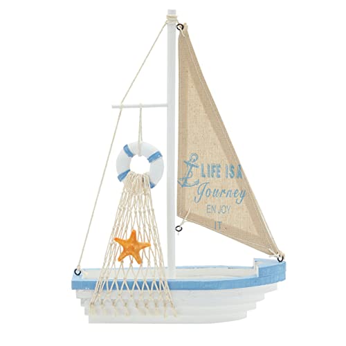 Life is A Journey, Enjoy It Wooden Sailboat Model with Flag, Net, Starfish, and Floating Tube for Nautical Home and Bathroom Boat Decor, Countertop, Shelf (13x8x3 in)