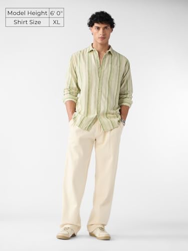 Image of The Souled Store Cotton Linen Stripes: Apricot Men and Boys Long Sleeves Collared Neck Orange Stripes Regular Fit Lightweight Comfortable Summer Cotton Linen Shirts
