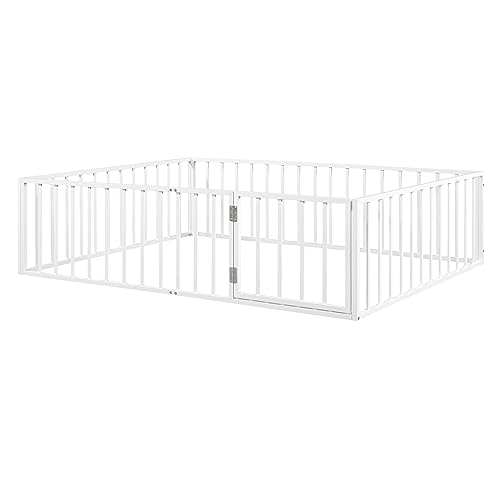 Image of Bellemave Queen Size Floor Bed for Kids, Montessori Beds with Rails and Door, Metal Playhouse Bed Frame with Fence for Boys Girls, White