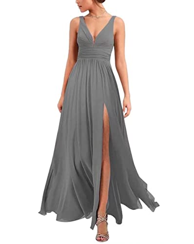 Robe demoiselle d'honneur col V en mousseline robe de soirée longue gris taille 52