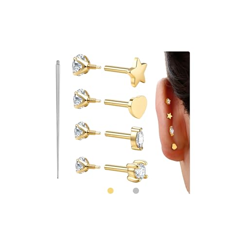 GEMQUEEN Flat Back Earrings Studs Hypoallergenic - 14K Gold Filled Surgical Steel Earrings 18G Cartilage Helix Tragus Conch Medusa Piercing Jewelry Small Labret Lip Nose Stud for Women Men Reversible