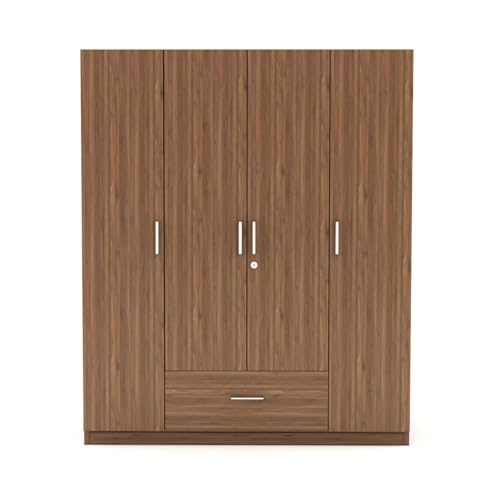 Image of DesignFit Engineered Wood 4-Door Wardrobe for Bedroom | Wooden Almirah with 1 Hanging Rod, 2 Drawers & 8 Shelves | Clothes Cupboard Storage Cabinet Furniture (Walnut Finish)