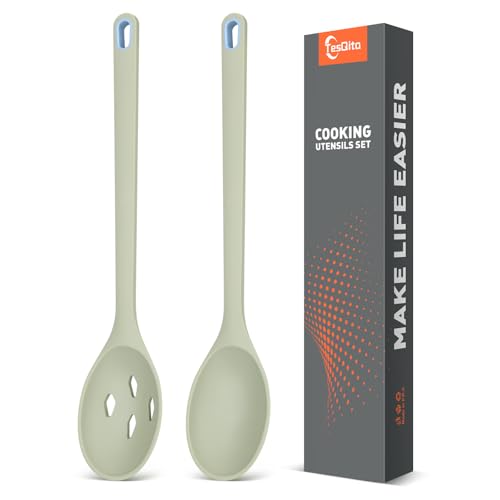 TesQita Silicone Cooking Spoon, Solid&Slotted Spoons, 2 Pack (Green)