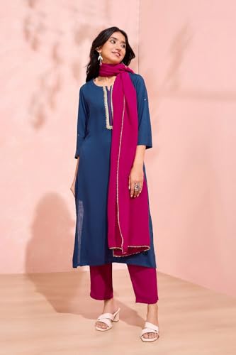 Image of Taneira Women Viscose Embroidered Blue Kurta Set