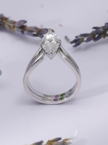 2-PC Marquise Cut Moissanite Ring Set | S925 Sterling Silver 2CT Wedding Jewelry, 6x12mm Hypoallergenic Bridal Set for Women, Non-Tarnish Stackable Engagement Rings4