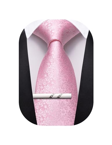 Image of Barry.Wang Blush Pink Ties for Men Floral Tie Necktie and Tie Clip Wedding Business Flower Solid Color Formal