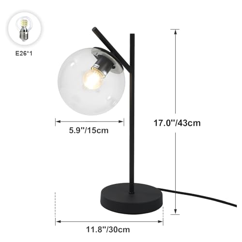 Image of Mid Century Table Lamp Vintage Bedroom Desk Lamp Black Nightstand Lamp Contemporary Clear Glass Globe Bedside Lamp for Office Study Room