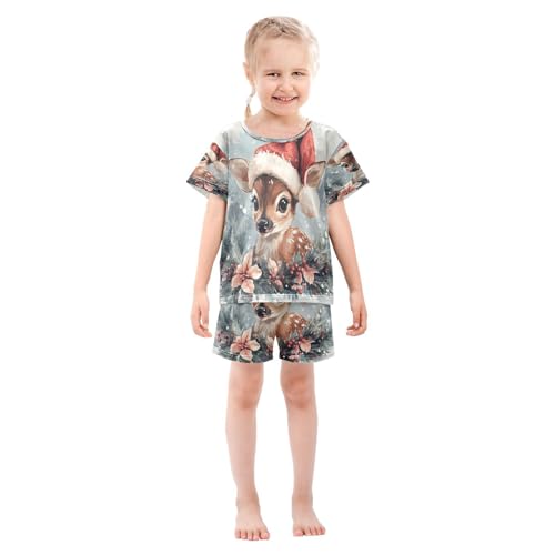 ALAZA Christmas Deer Floral Watercolor Pajamas Set Short Sleeve Cotton Sleepwear Summer Pjs 2 Piece 5-14Y3