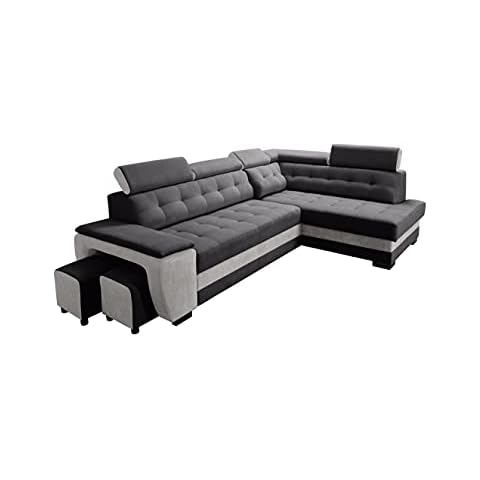 Robin Grand Ecksofa mit Schlaffunktion Bettkasten Kopfstützen Relaxfunktion 2 Hocker Sofa L-Form Schlafsofa Freistehende Eckcouch Schlafcouch Wohnzimmermöbel Wohnlandschaft Rechts Silber Cover
