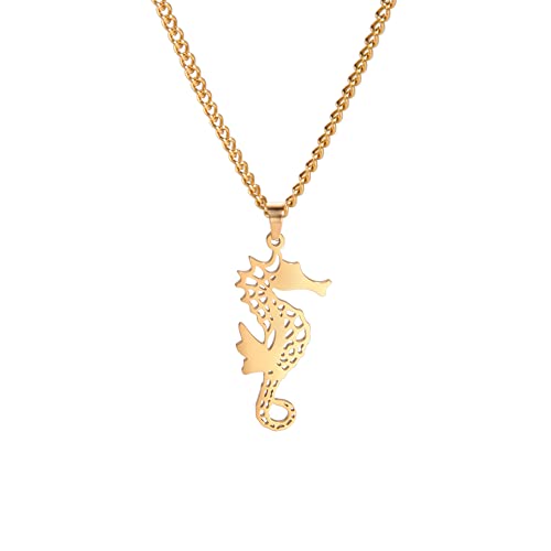 EUEAVAN Hippocampe Pendentif Collier En Acier Inoxydable Creux Animal Charme Collier Hawaïen Pendentif Chaîne Collier Océan Cadeaux (Or)
