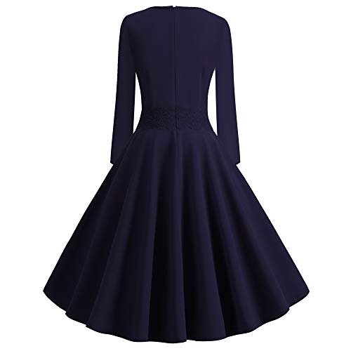 chuhefushi Women's Audrey Hepburn Rockabilly Vintage Dress 1950s Retro Cocktail Swing Party Long Sleeve Dress (Large, Navy1)