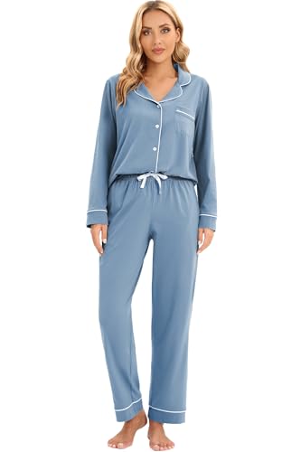 Image of LUBOT 100% Cotton Pajamas for Women Pajama Set Soft 2 Piece Sleepwear PJ Set Long Sleeve Button Knit Cozy Loungewear XS-XXL
