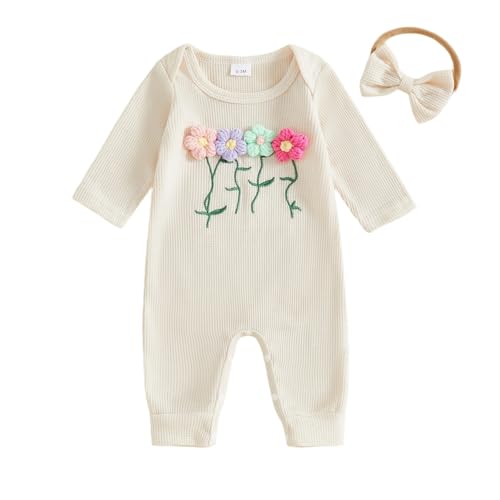 Newborn Baby Girl Clothes Fall Winter Floral Jumpsuit Infant Toddler Long Sleeve Waffle Romper Coming Home Outfit