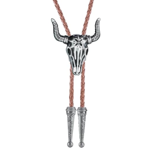 Image of GelConnie Longhorn Bull Bolo Tie for Men Native American Western Cowboy Leather Necktie Bolo Necklace for Women Gold Texas