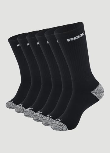 RBX Men's Crew Socks 6-Pack, Moisture Wicking Cotton Blend Performance Crew Socks Multipack, Unisex Black Combo L