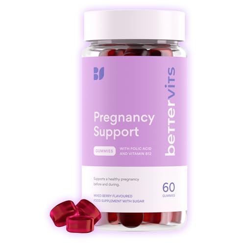 Bettervits Pregnancy Support Gummies | Pregnancy Vitamins for Women with Folic Acid & Vitamin B12 | Complete Multivitamins Complex C, D, E & Zinc | Pre and After Support - 60 Berry Gummies