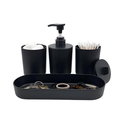 LGURT 4-Piece Plastic Matte Black Bathroom Accessories Set Lotion Soap Dispenser (10 oz / 300ml) Tumbler Cotton Swab Cup & Tray (7.87 2.56) Compact Organizer for Apartment Dorm & Guest Bath