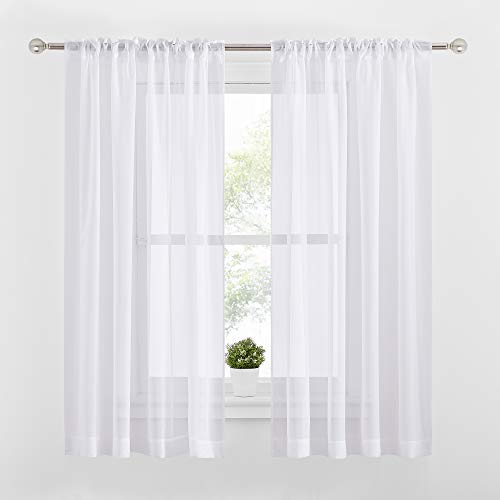 NICETOWN Sheer Curtains 63 inch Length 2 Panels - High Thread Kitchen Window White Semi Transparent Short Curtains Rod Pocket & Back Tab Voile Draperies/Drapes for Bedroom, 54 inches Width