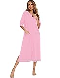 RONGTAI Womens Nightgowns Half Sleeve Zipper Sleepshirts Lounge Comfy Housecoat Sleep Robe Fashion Printed with Pockets Pink L