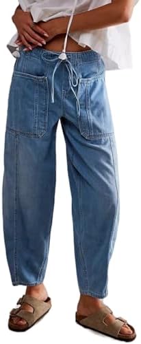 Women Casual Loose Cropped Pants Denim Bloomers Elastic Waist with Pockets