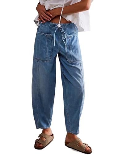 Women's Loose Cropped Barrel Jeans - Mid Rise, Boyfriend Fit, Light Blue Denim Pants