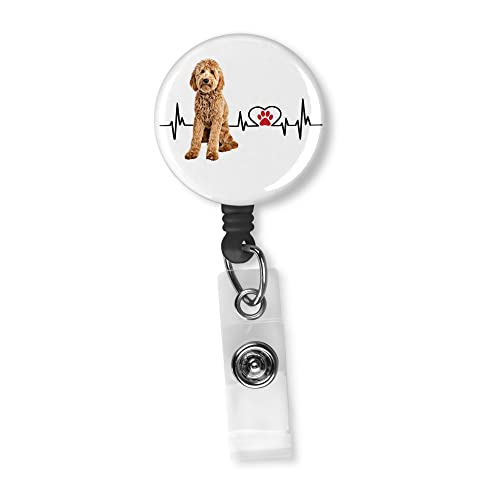 Goldendoodle EKG Heart Line Pick Your Dog Color Retractable Badge Reel ID Holder