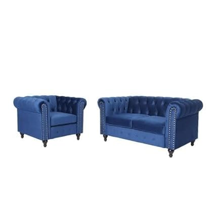ZARA TRADING COMPANY Classic 2 Seater Teak Wood Modern/Loveseat/Chesterfield Style Sofa with One Seater Arm Chair (Blue B)