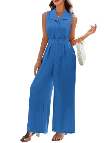 LOOKBOHO Womens V Neck Sleeveless Jumpsuit Summer Fashion Rompers Dressy Casual Wide Leg Pants Cute Work Outfits(BL,XXL)