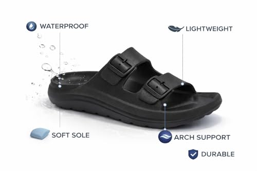 Image of Bata Men Black Comfort Sandals, Double Buckle Strap, EVA Material, Honeycomb Textured Sole, Casual Summer Waterproof Slides