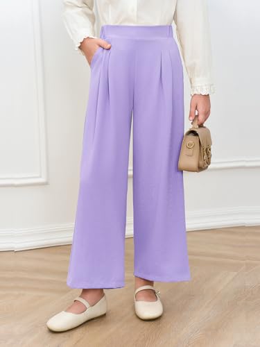 Image of Haloumoning Girls Uniform Pants Kids Wide Leg Dress Pants 5-14 Years | High Waisted, Casual Trousers, With Pockets