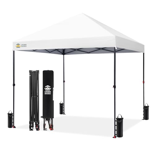 Image of CROWN SHADES 8x8 Pop Up Canopy - Patented Center Lock One Push Instant Outdoor Canopy Beach Tent with STO-N-Go Bag 8 Stakes & 4 Sand Bags,White