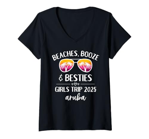Womens Aruba Weekend Girls Trip 2025 Beaches Booze and Besties V-Neck T-Shirt
