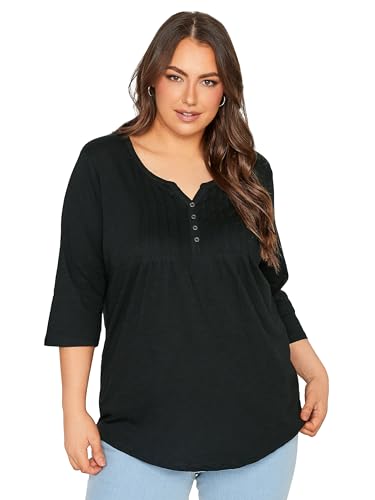 Image of Yours for Good Curve Pintuck Button Henley T-Shirt - Women's - Plus Size Curve Black