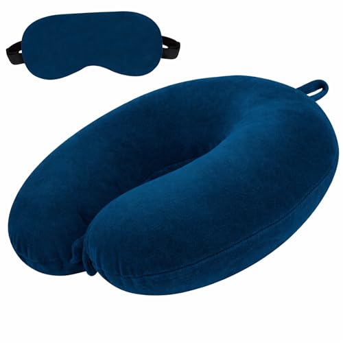 Image of Restify Premium Memory Foam Travel Neck Pillow with Eye Mask | Soft Velvet U Shape Neck Support Cushion for Flight, Airplane, Car & Office Travel | Portable Pillow for Men & Women | Navy Blue