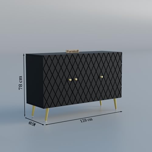 Image of Modern Wooden Storage Cabinet with 2 Doors | Geometric Design Sideboard /Cupboard for Living Room | Multipurpose Organizer for Bedroom & Entryway | HDMR Premium Wood | Gold Metal Legs(Black)