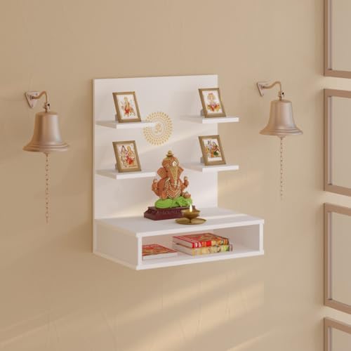 Image of BLUEWUD Dhruv Wall Mount Wooden Mandir for Home, Temple for Home, Pooja Stand with Storage Shelves for Idold & Frames, Compact Mandir Temple Unit for Shops & Office (White)